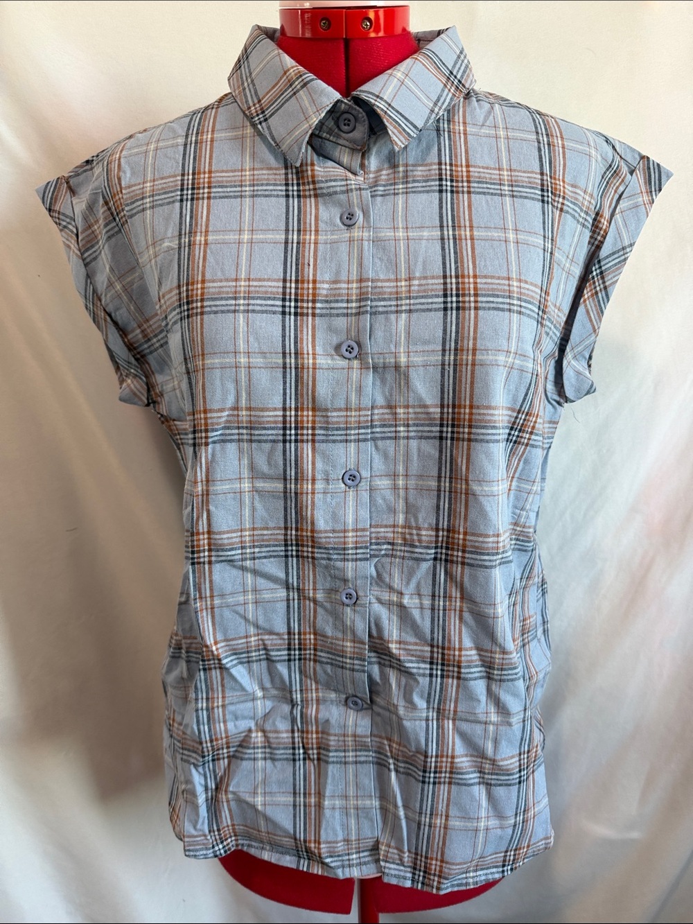 Allegra K Light Blue and Brown Plaid Cap-Sleeve Button Down Shirt